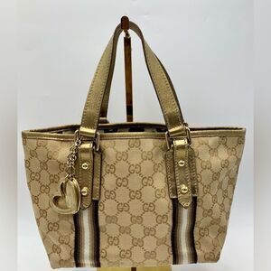 Gucci GG Monogram Canvas Mini Jolicoeur Gold Leather Trim Heart Charm Beige Tote